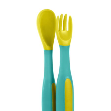 Set lingurita si furculita flexibile, Galben/Verde, 6 luni+, Baboo 722830