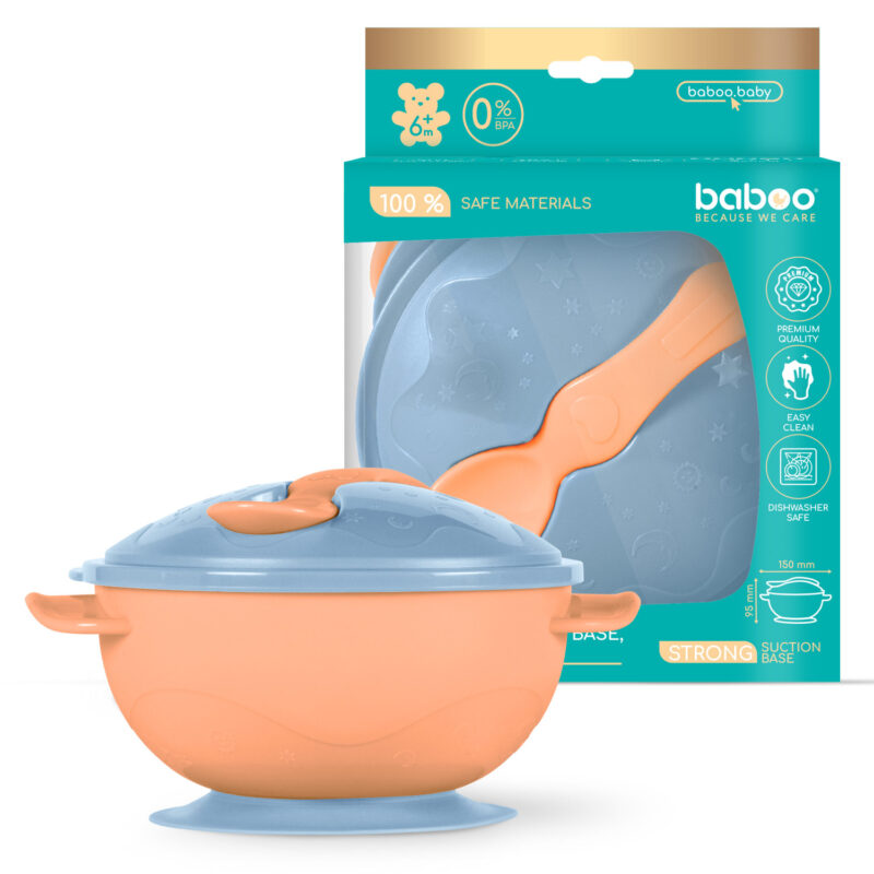 Bol cu ventuza, capac si lingurita, Portocaliu, 6 luni+, Baboo