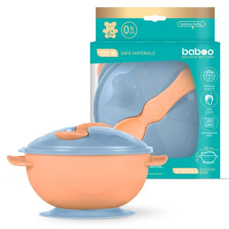 Bol cu ventuza, capac si lingurita, 6 luni+, Portocaliu, Baboo