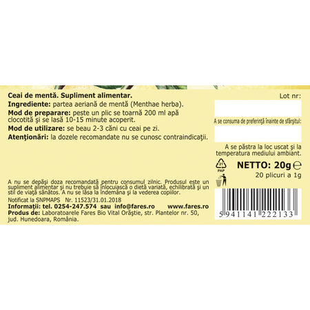 Ceai de menta, 20 plicuri, Fares 723125