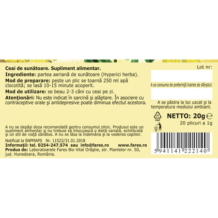 Ceai de Sunatoare, 20 plicuri, Fares 723131