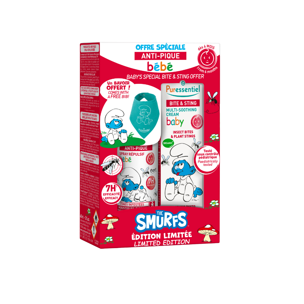 Pachet anti-intepaturi bebelusi cu spray si crema Editie Smurfs, 6 luni+, 60 ml + 30 ml, Puressential