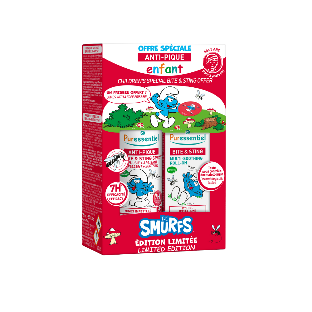 Pachet anti-intepaturi Kids cu spray si roll on calmant Editie Smurfs, 3 ani+, 75 ml + 5 ml, Puressential