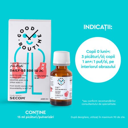Vitamina D3 pentru copii Daily-D3 Jr Good Routine, 500 UI, 15 ml, Secom 763421