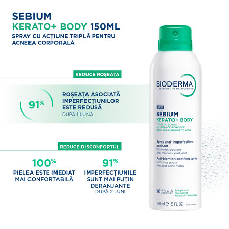 Spray tratament anti-acnee pentru corp Sebium Kerato+, 150 ml, Bioderma 794321
