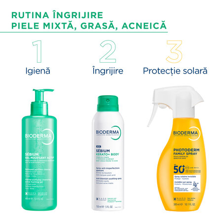 Spray tratament anti-acnee pentru corp Sebium Kerato+, 150 ml, Bioderma 794325