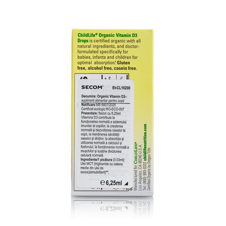 Picaturi organice cu vitamina D3 Childlife Essentials, 400 UI, 6.25 ml, Secom 776527