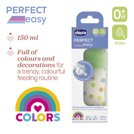 Biberon cu tetina din silicon si flux lent Perfect Easy, Unisex, 0 luni+, 150 ml, Chicco 723941