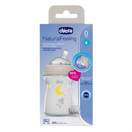 Biberon hranire din sticla Natural Feelling, 0 luni+, 250 ml, Chicco 724078