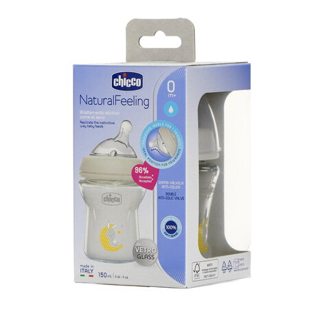 Biberon hranire din sticla Natural Feelling, 0 luni+, 150 ml, Chicco 724082