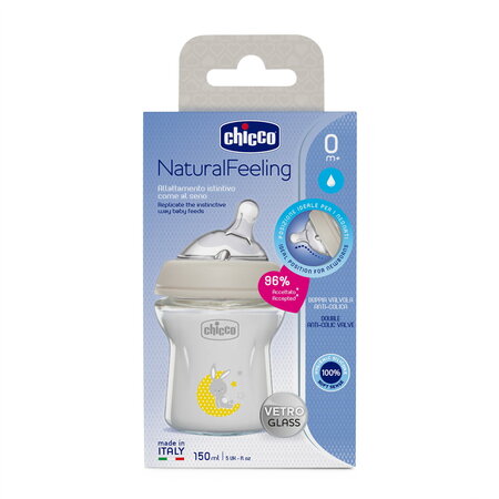 Biberon hranire din sticla Natural Feelling, 0 luni+, 150 ml, Chicco 724081
