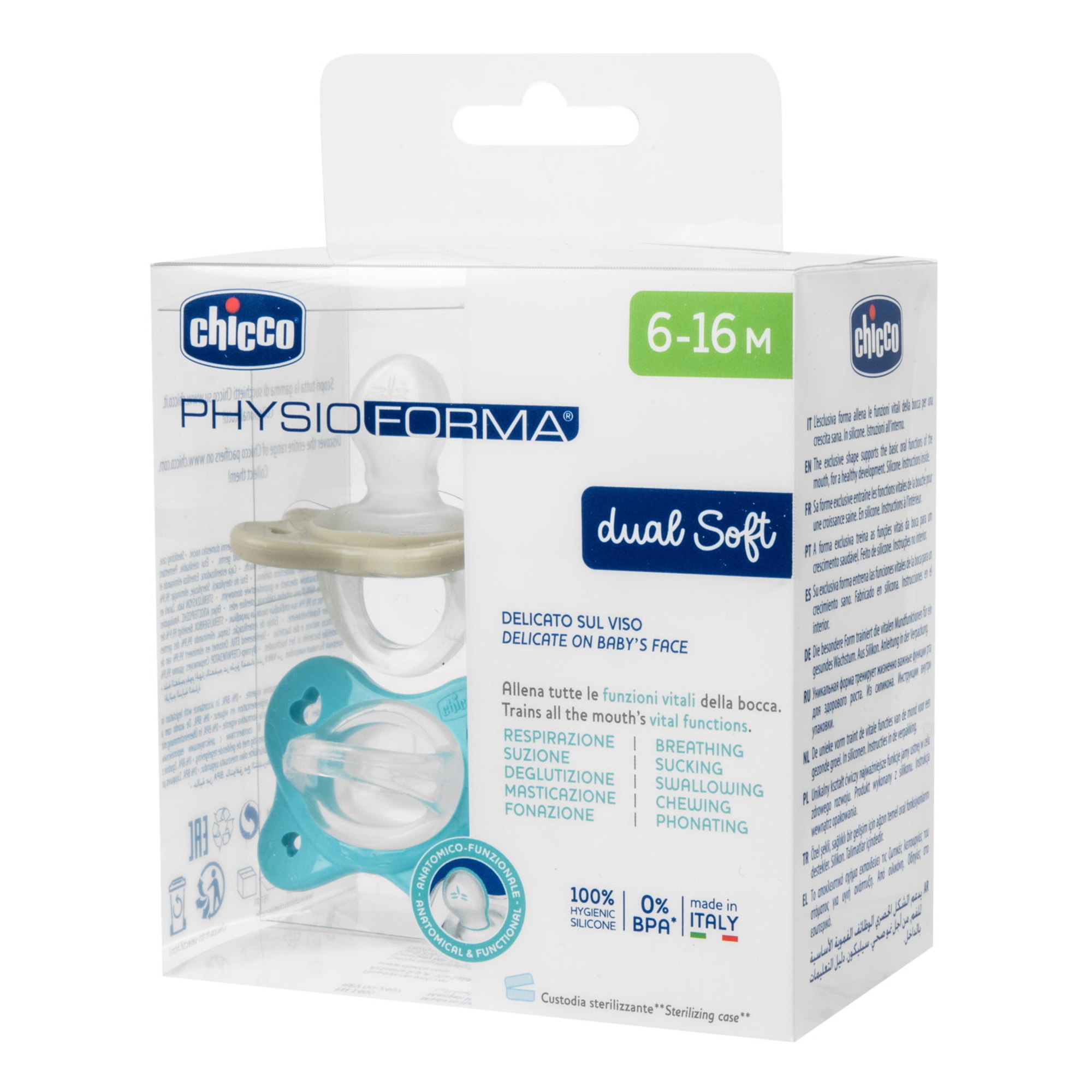 Suzeta anatomica PhysioForma Dual Soft, Bleu, 6-16 luni, 2 bucati, Chicco