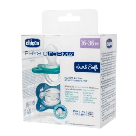 Suzeta anatomica PhysioForma Dual Soft, 16-36  luni, Bleu, 2 bucati, Chicco