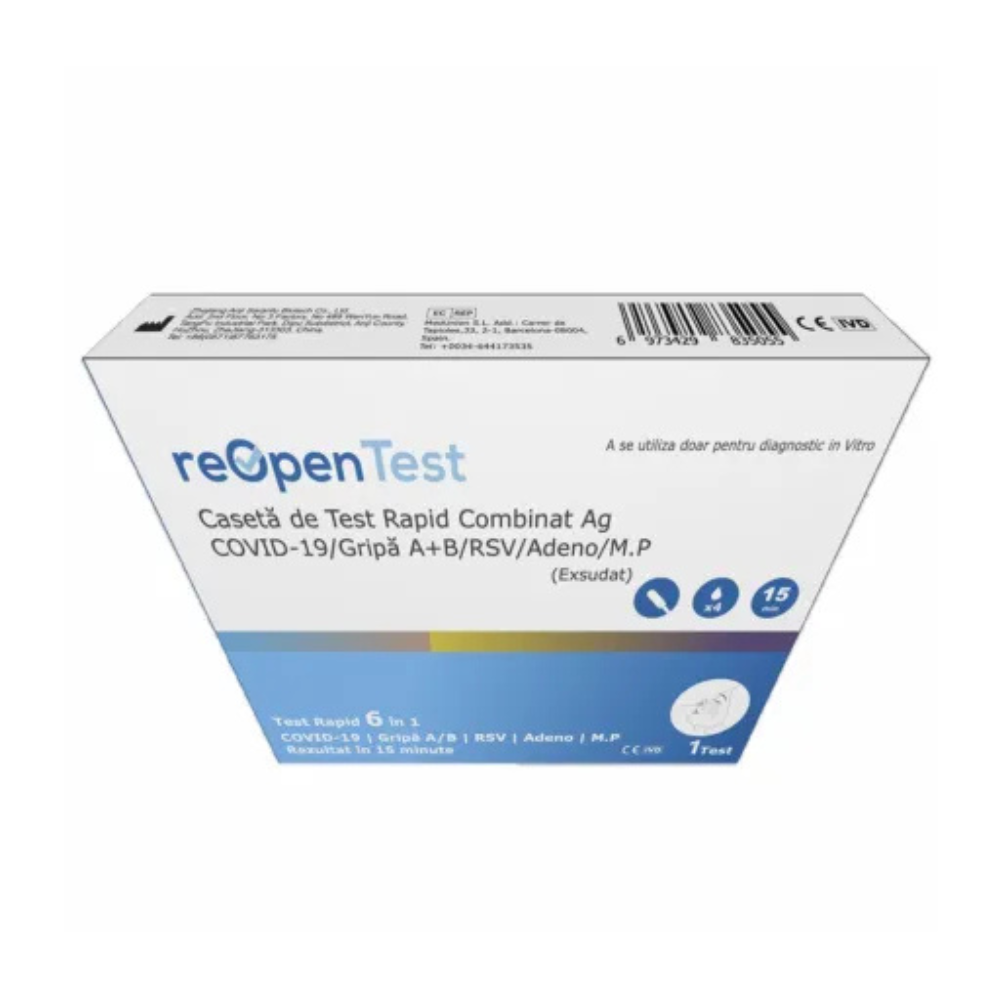 Test rapid SARS-CoV-2 Ag & Influenza A&B/RSV/Adeno/MP 6in1 Combo ReOpen, 1 bucata, Montana Med