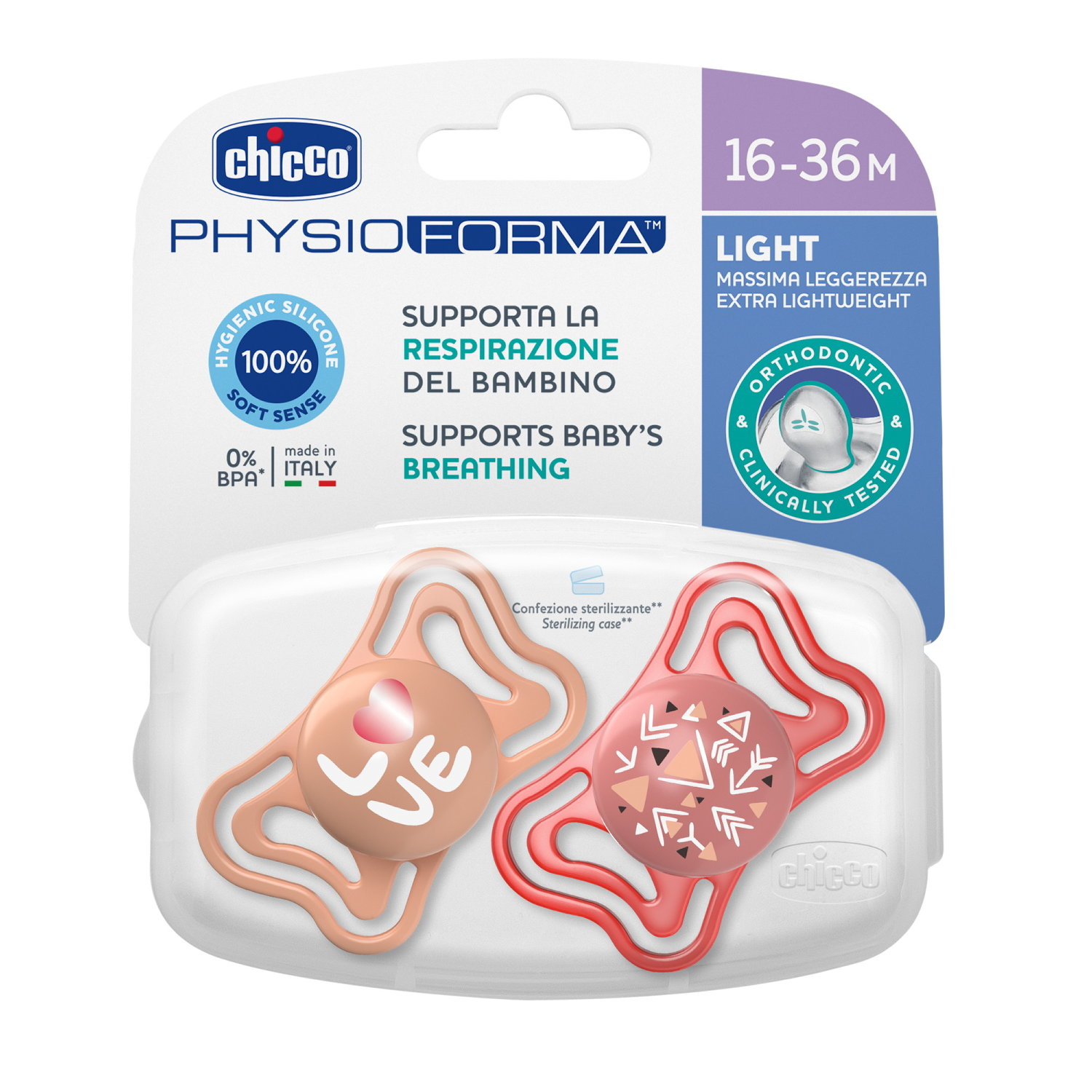 Suzeta PhysioForma Light Glow, Roz, 16-36  luni, 2 bucati, Chicco