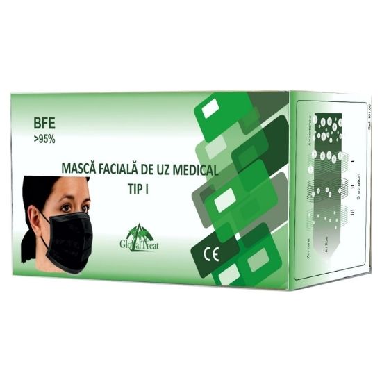 Masca faciala pentru uz medical, Tip I >95%, Negru, 50 buc, Global Treat