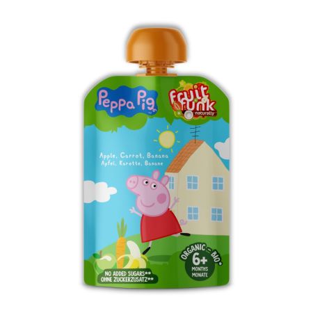 Piure din fructe Bio cu banane, 6 luni+, Peppa Pig, 90 g, Fruitfunk