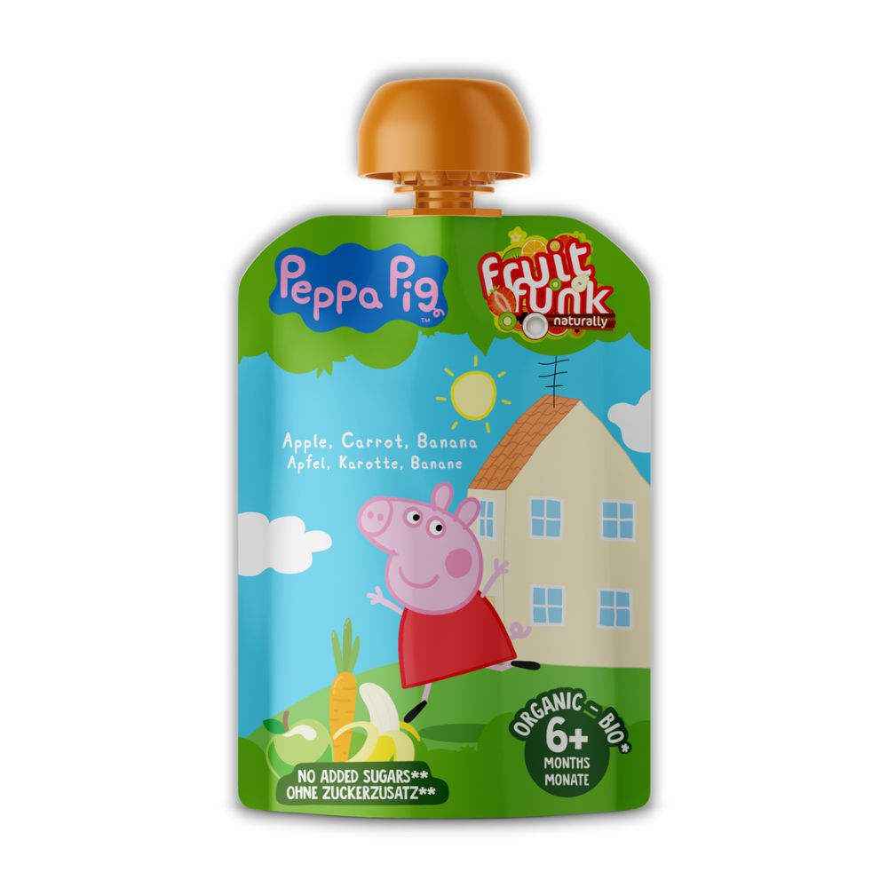 Piure din fructe Bio cu banane, Peppa Pig, 6 luni+, 90 g, Fruitfunk