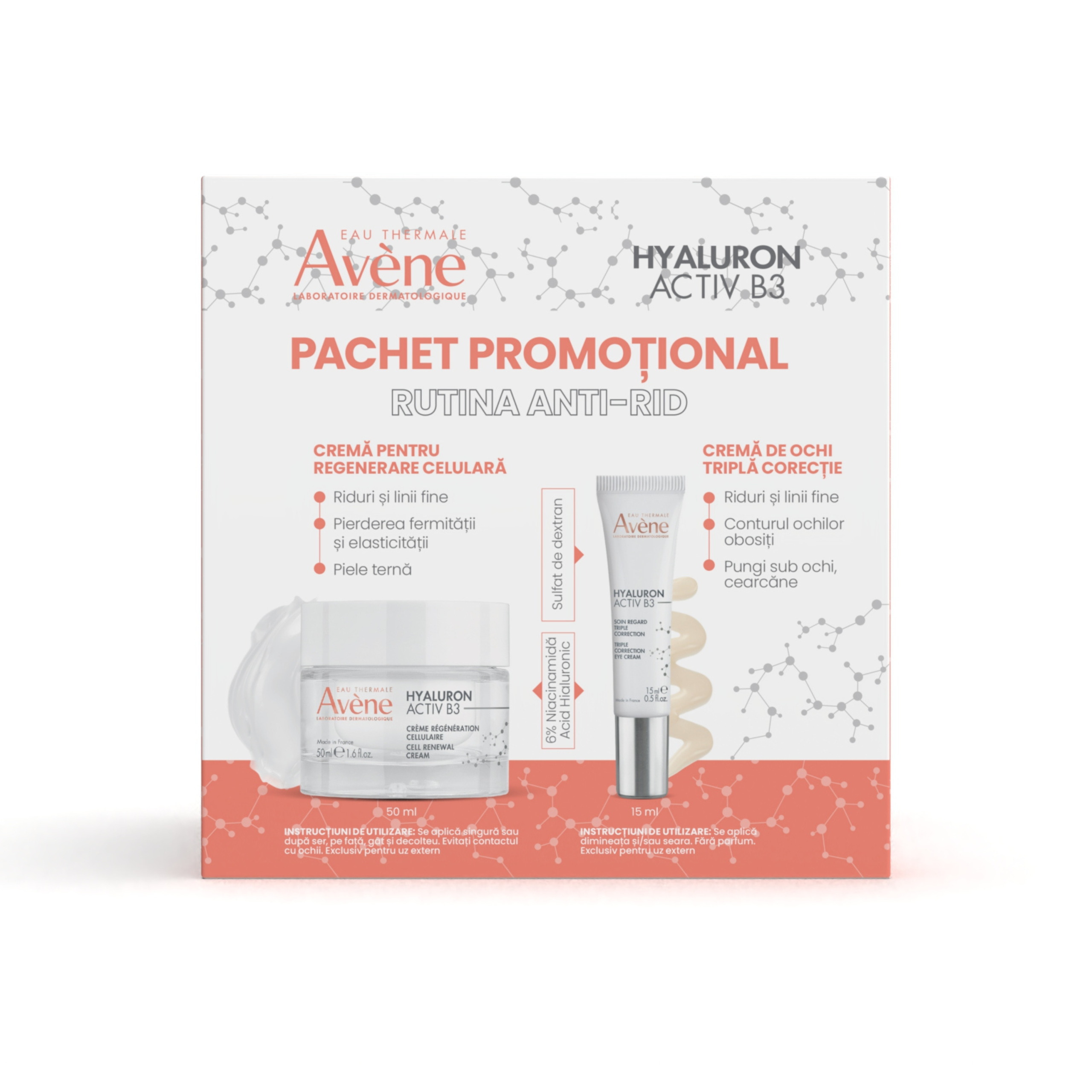 Pachet Crema pentru regenerarea celulara  + Crema de ochi antirid Hyaluron Activ B3, 50 ml +15 ml, Avene