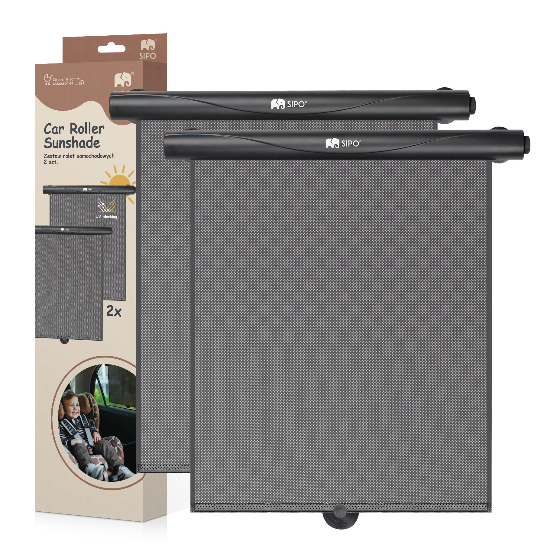 Set 2 parasolare tip rulou pentru geam auto, Negru, Sipo