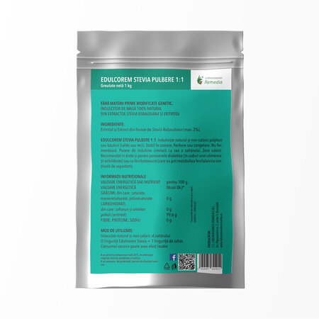 Indulcitor 1:1 Edulcorem Stevia, 1 kg, Laboratoarele Remedia 725251