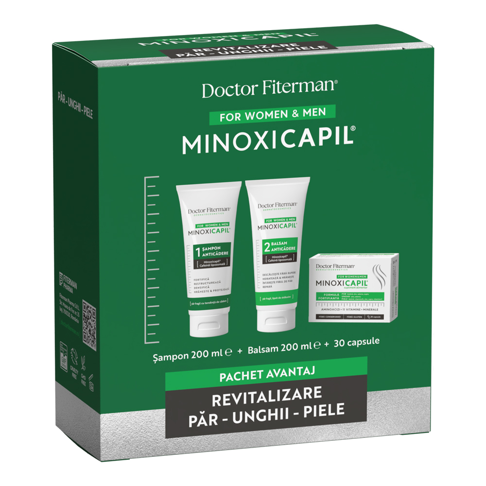 Pachet Revitalizant par, piele si unghii Minoxicapil, 2x200 ml + 30 capsule, Doctor Fiterman