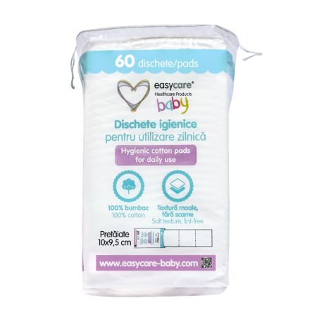 Dischete igienice patrate pentru bebelusi si copii, 10x9.5cm, 60 bucati, EasyCare Baby