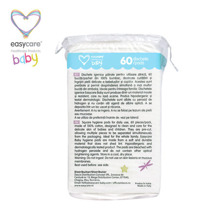 Dischete igienice patrate pentru bebelusi si copii, 10x9.5cm, 60 bucati, EasyCare Baby 725481