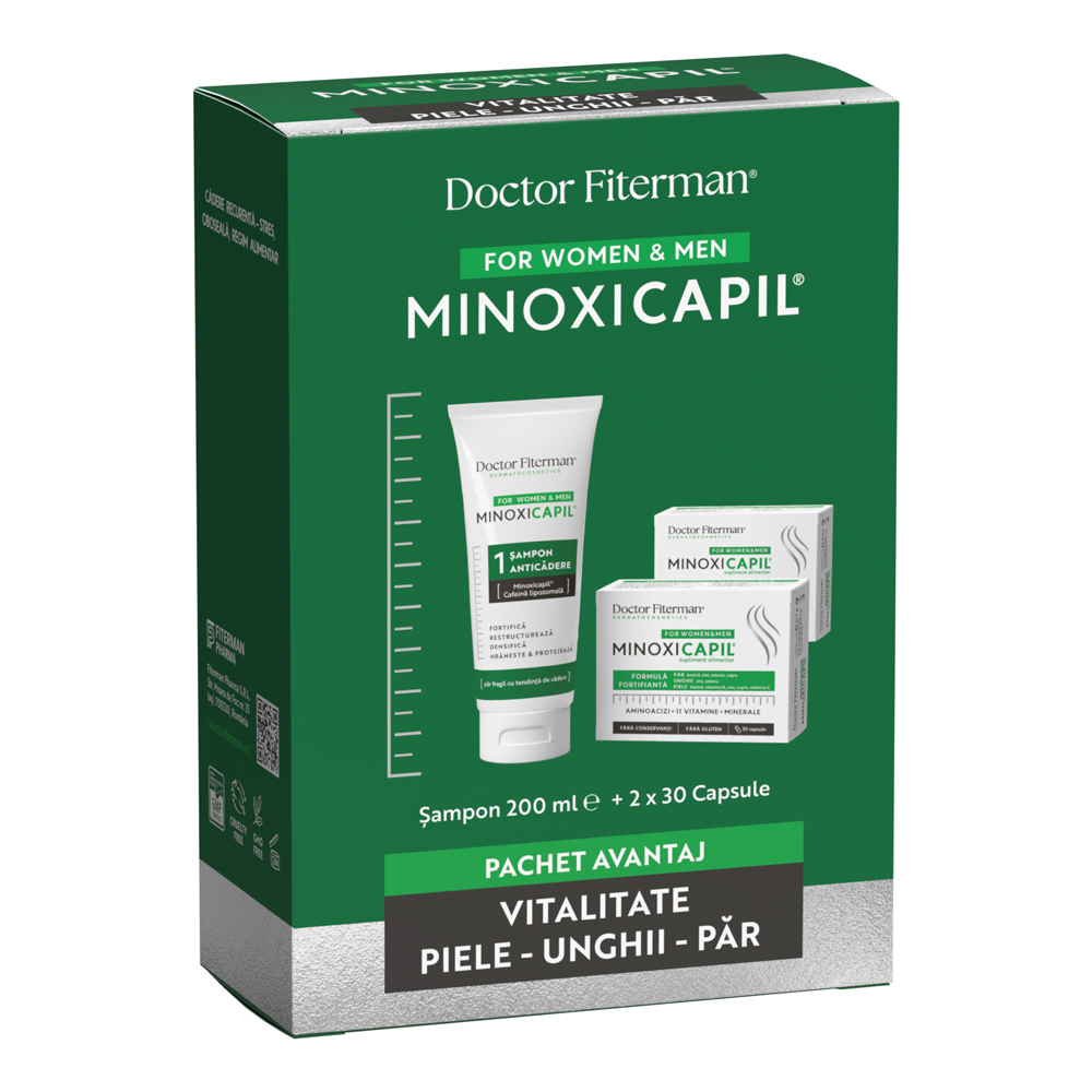 Pachet Vitalitate piele, unghii si par Minoxicapil, 2x30 capsule + 200 ml, Doctor Fiterman
