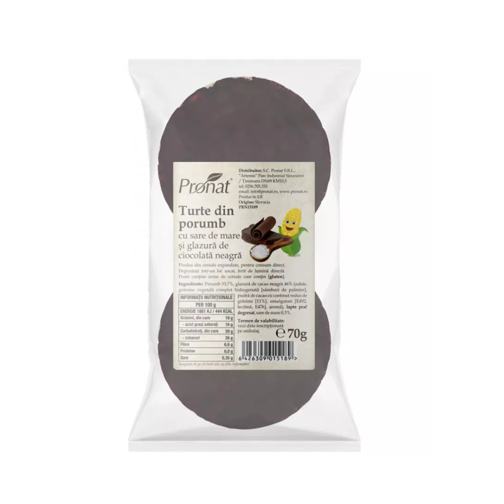 Turte din porumb cu sare de mare si glazura de ciocolata neagra, 70 g, Pronat