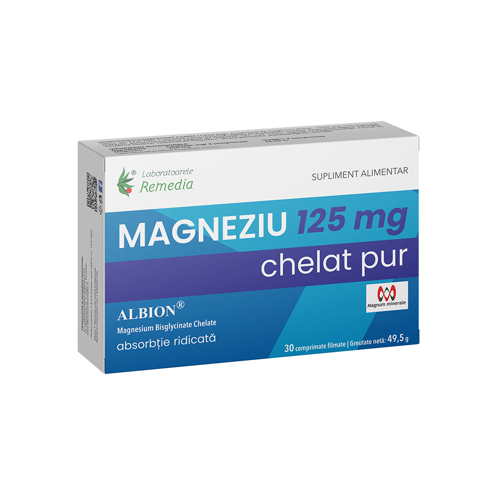 Magneziu Chelat Pur, 125 mg, 30 comprimate filmate, Remedia