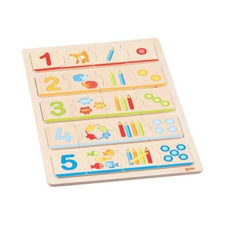 Puzzle din lemn Invatam sa numaram, 30x21 cm, 2 ani+, 20 piese, Goki 727683