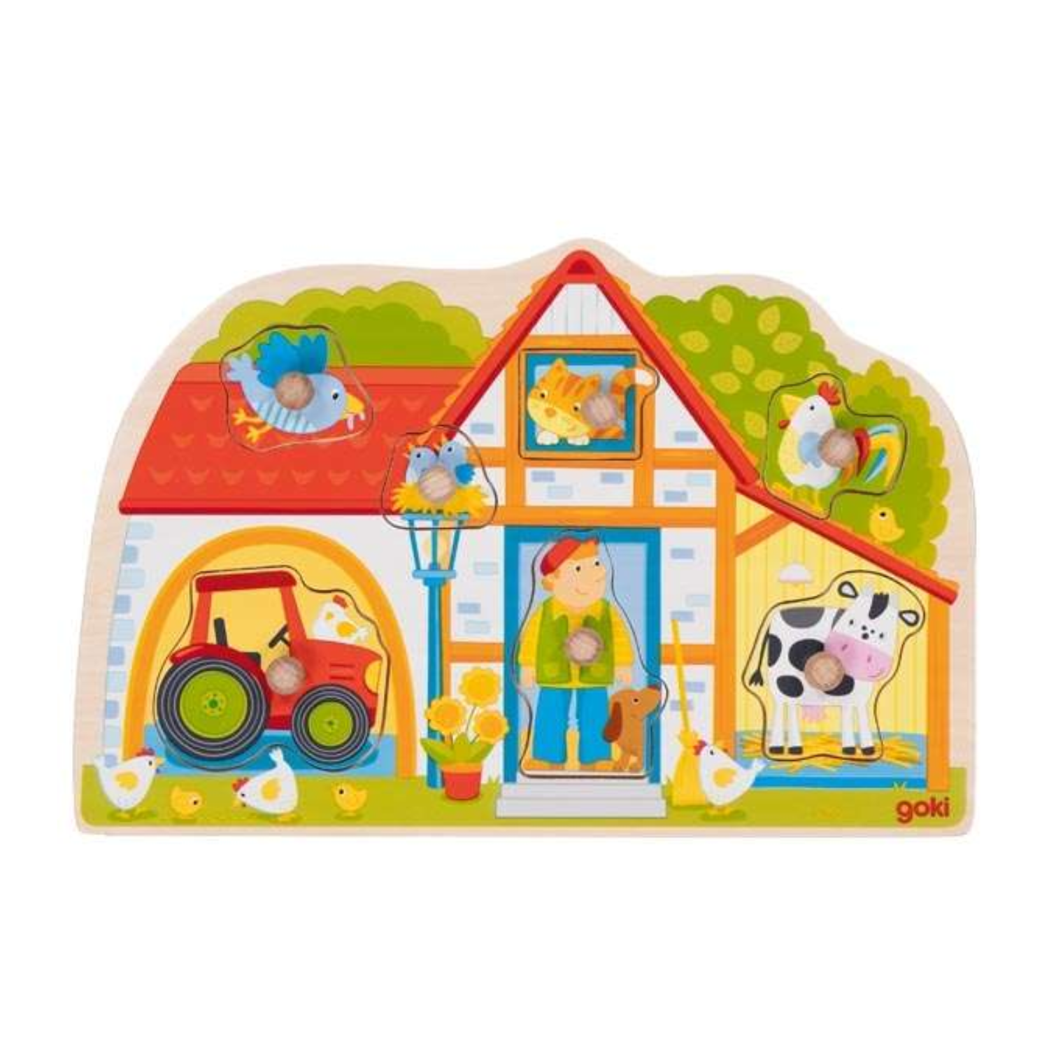 Puzzle cu piese mari pentru bebe si toddler Casuta Fermierului, 1 an+, 7 piese, Goki