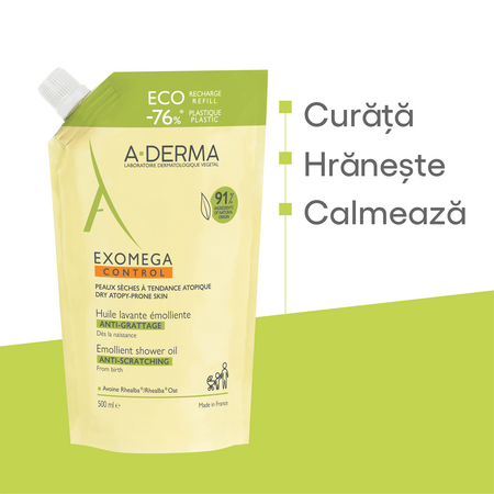 Refill ulei de dus emolient pentru piele uscata cu tendinta atopica Exomega Control, 500 ml, A-Derma 727561