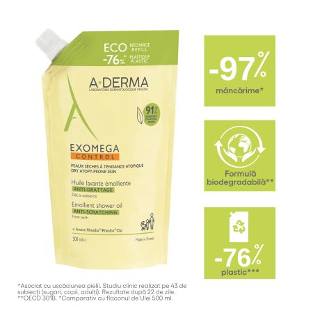 Refill ulei de dus emolient pentru piele uscata cu tendinta atopica Exomega Control, 500 ml, A-Derma 727560
