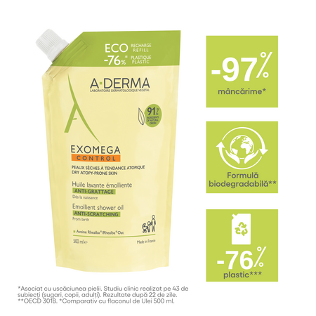 Refill ulei de dus emolient pentru piele uscata cu tendinta atopica Exomega Control, 500 ml, A-Derma 727560