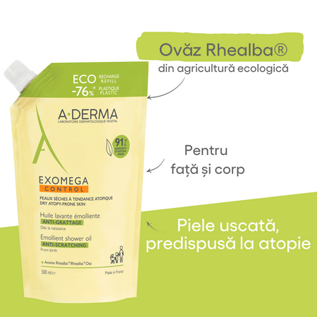 Refill ulei de dus emolient pentru piele uscata cu tendinta atopica Exomega Control, 500 ml, A-Derma 727559