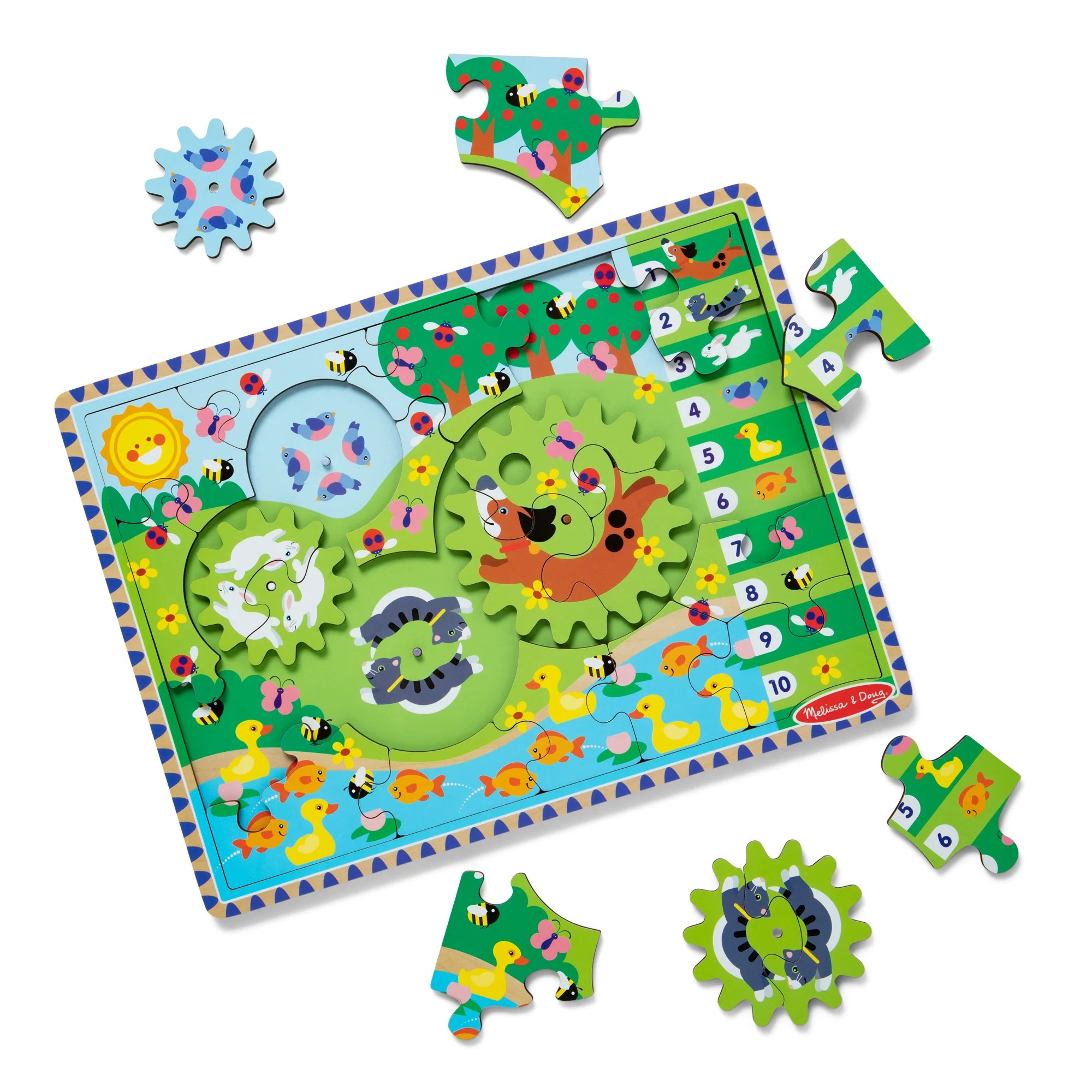 Puzzle din lemn cu rotite dintate pentru invatarea numararii prin joaca, Animale vesele, 3 ani+, 24 piese, Melissa & Doug