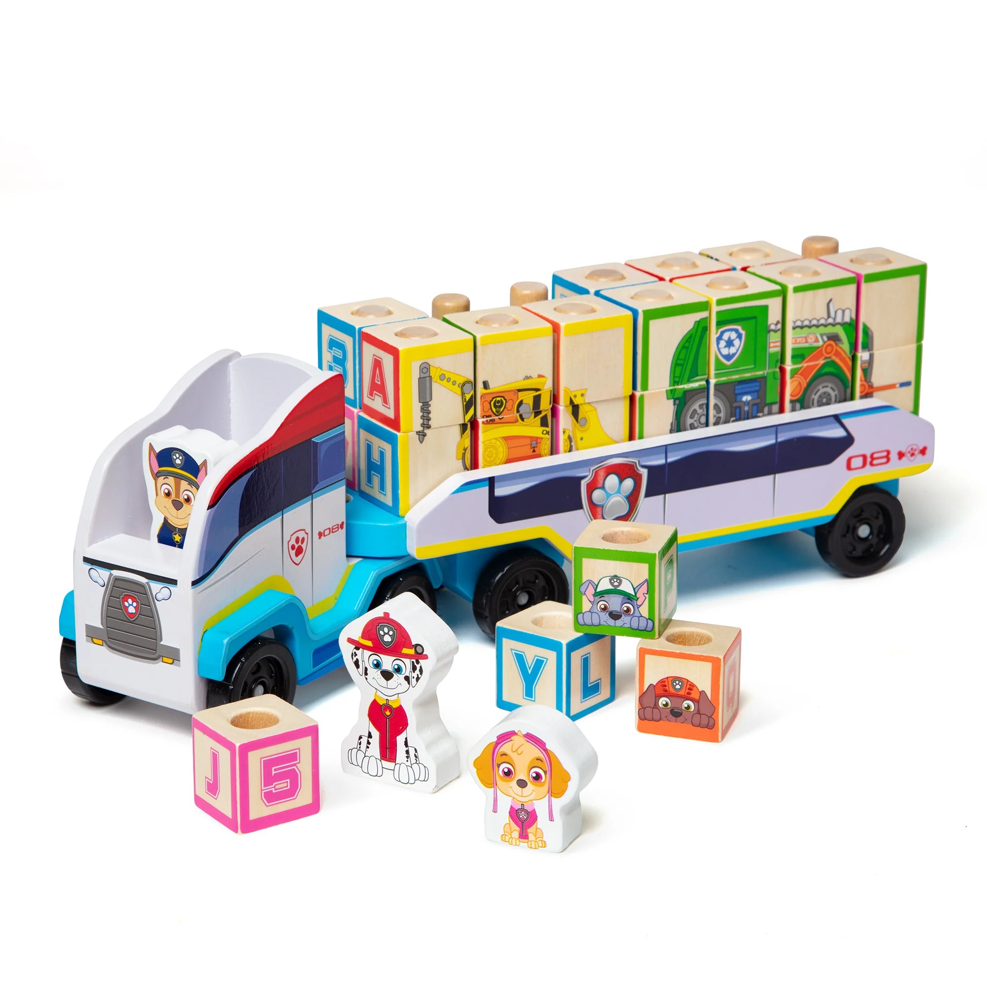 Camion cu remorca, 28 cuburi din lemn cu litere si 3 figurine Paw Patrol Patrula Catelusilor, 3 ani+, Melissa & Doug