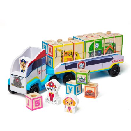 Camion cu remorca, 28 cuburi din lemn cu litere si 3 figurine Paw Patrol Patrula Catelusilor, 3 ani+, Melissa & Doug