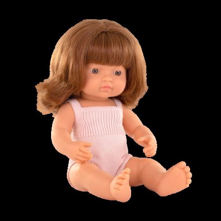 Papusa educativa cu corp parfumat Fetita roscata in salopeta roz, 38 cm, Miniland