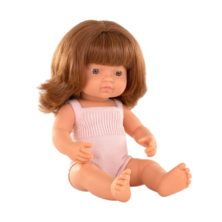 Papusa educativa cu corp parfumat Fetita roscata in salopeta roz, 38 cm, Miniland