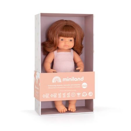 Papusa Fetita roscata in salopeta roz, 38 cm, Miniland 732200