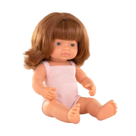 Papusa Fetita roscata in salopeta roz, 38 cm, Miniland