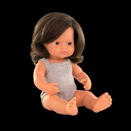 Papusa Fetita Europeana imbracata in salopeta tricotata, 38 cm, Miniland