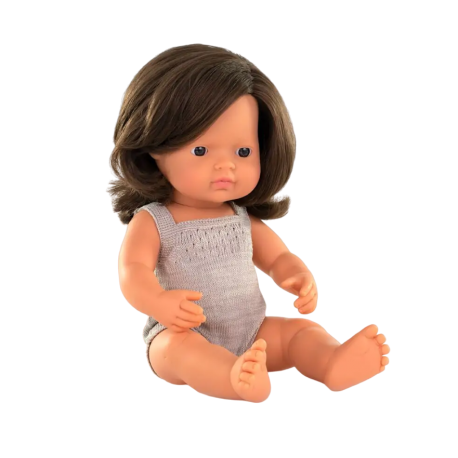 Papusa Fetita Europeana imbracata in salopeta tricotata, 38 cm, 10 luni+, Miniland