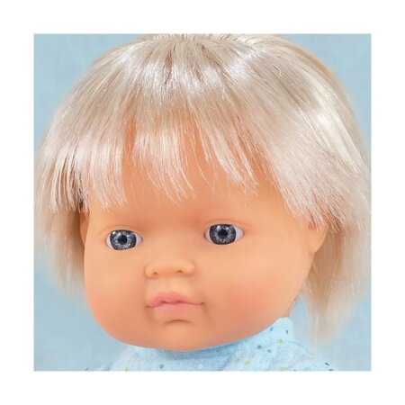 Papusa Baiat Caucazian blond cu tricoul bleu My friends & Me, 38 cm, 10 luni+, Miniland 728383