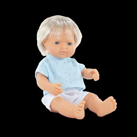 Papusa Baiat Caucazian blond cu tricoul bleu My friends and Me, 38 cm, Miniland