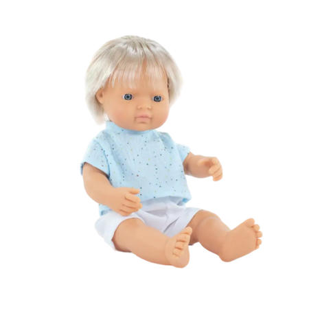 Papusa Baiat Caucazian blond cu tricoul bleu My friends and Me, 38 cm, Miniland