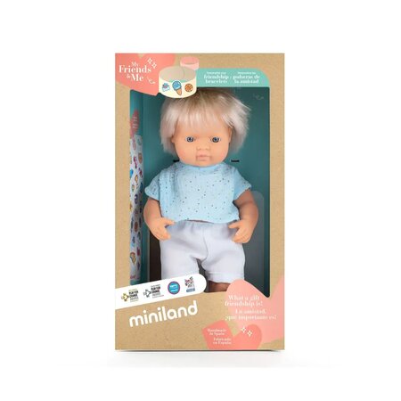 Papusa Baiat Caucazian blond cu tricoul bleu My friends & Me, 38 cm, 10 luni+, Miniland 728384